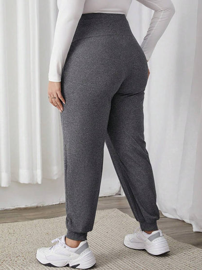Plus Size Maternity Pants - Adjustable Waist, Belly Support, Button Detail, High Waist, Dark Grey