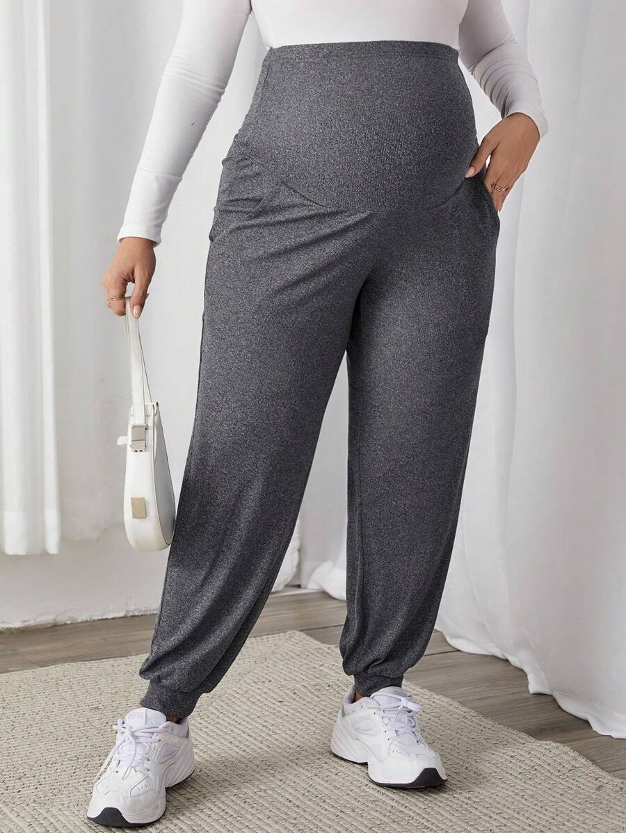 Plus Size Maternity Pants - Adjustable Waist, Belly Support, Button Detail, High Waist, Dark Grey