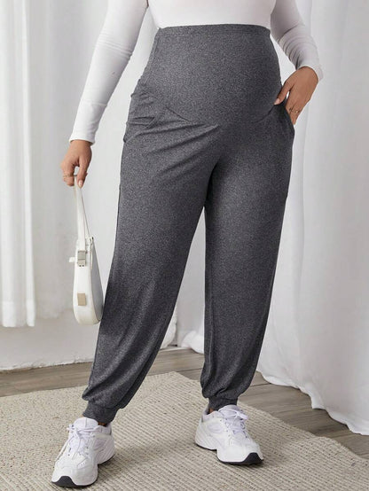 Plus Size Maternity Pants - Adjustable Waist, Belly Support, Button Detail, High Waist, Dark Grey