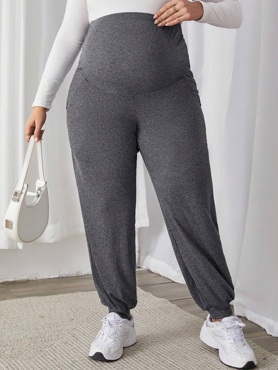 Plus Size Maternity Pants - Adjustable Waist, Belly Support, Button Detail, High Waist, Dark Grey
