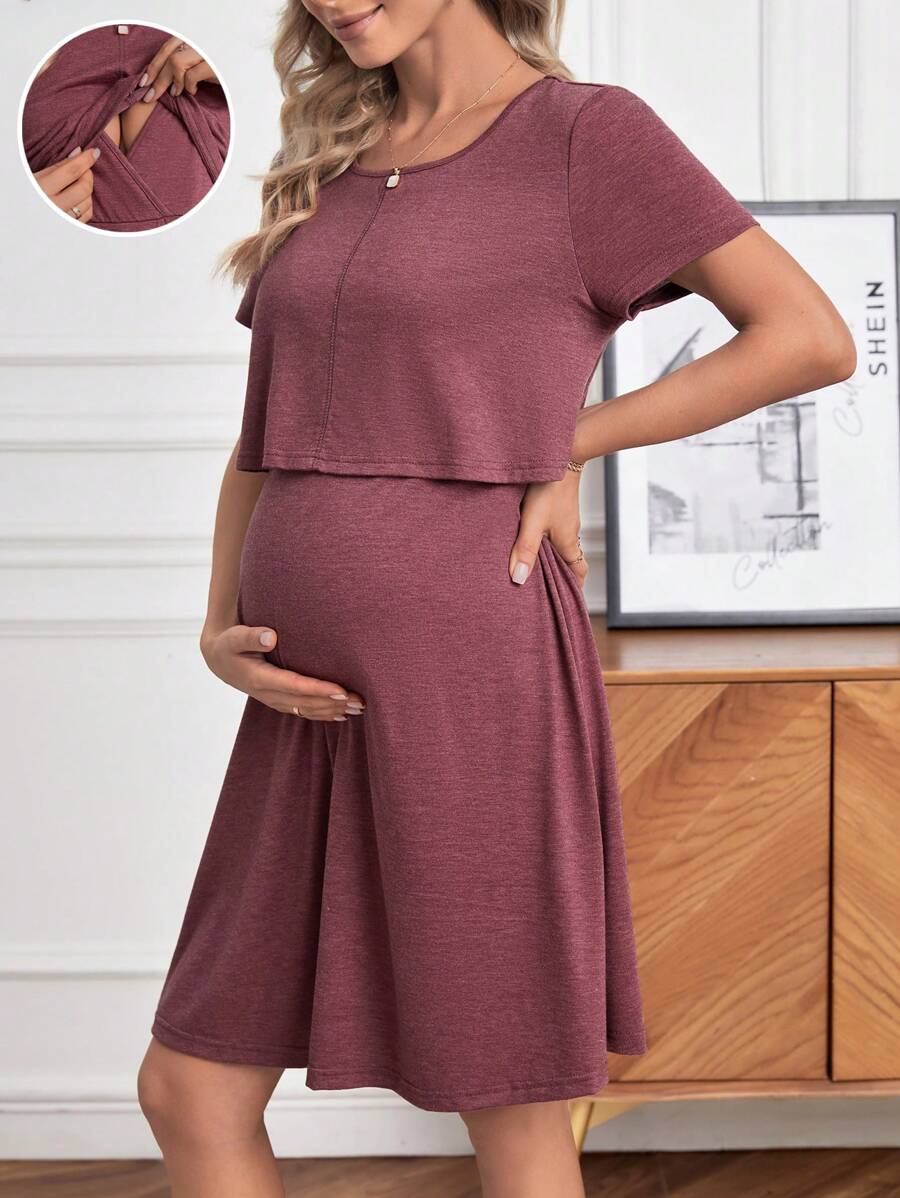 Maternity Solid Nursing Detail Dress Short Sleeve High Waist Ruffle A-Line Dress for Daily Wear