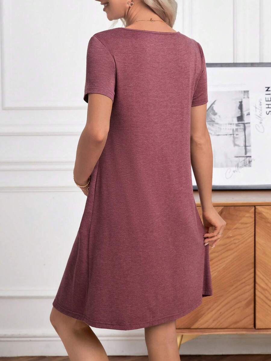 Maternity Solid Nursing Detail Dress Short Sleeve High Waist Ruffle A-Line Dress for Daily Wear