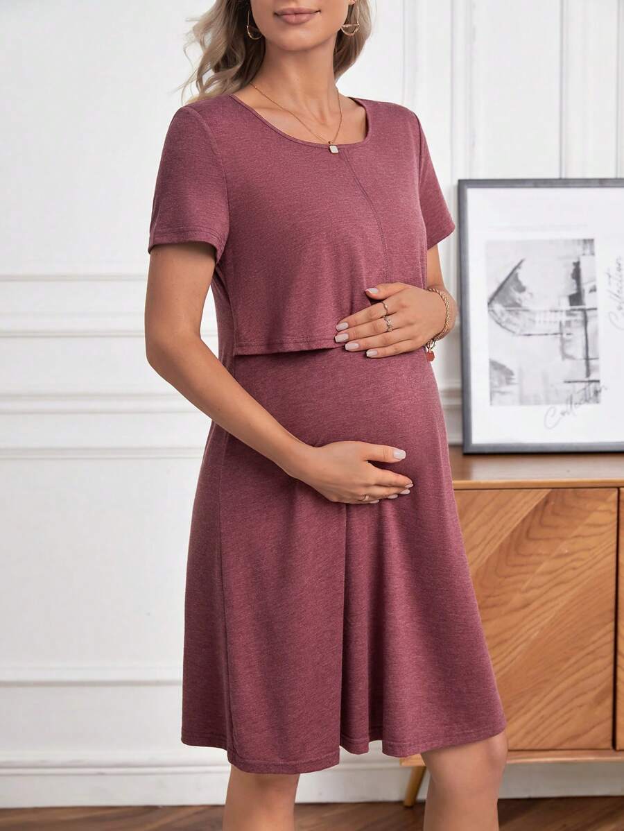 Maternity Solid Nursing Detail Dress Short Sleeve High Waist Ruffle A-Line Dress for Daily Wear