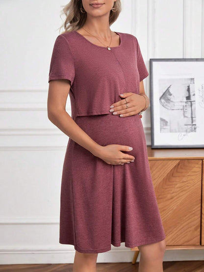 Maternity Solid Nursing Detail Dress Short Sleeve High Waist Ruffle A-Line Dress for Daily Wear