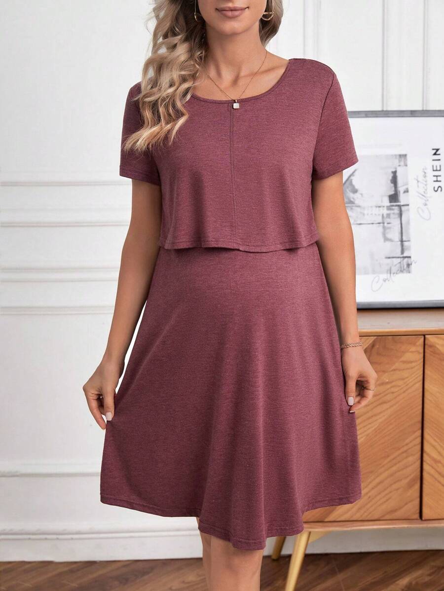 Maternity Solid Nursing Detail Dress Short Sleeve High Waist Ruffle A-Line Dress for Daily Wear