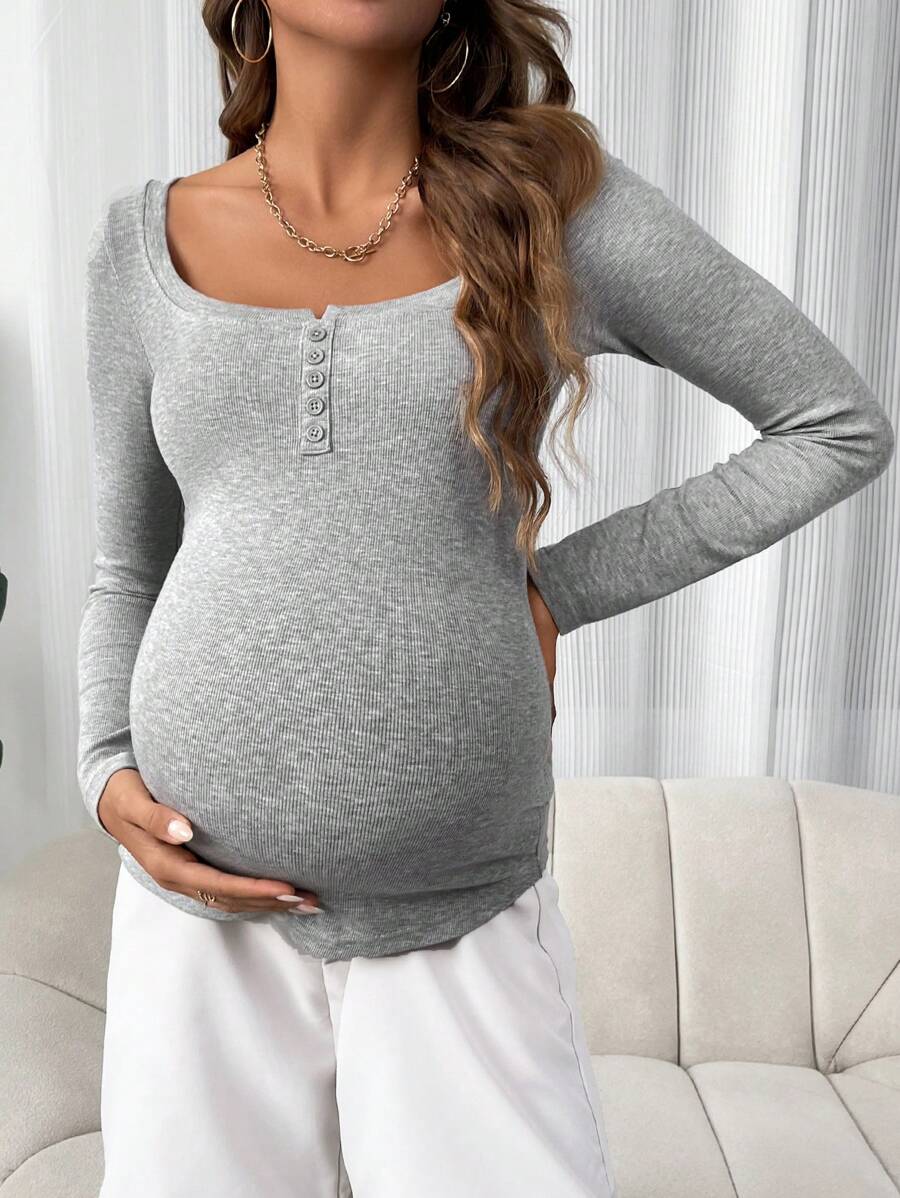 Maternity Grey Long Sleeve Slim Fit Henley T-Shirt with High Stretch Square Neck and Half Button Placket Detail