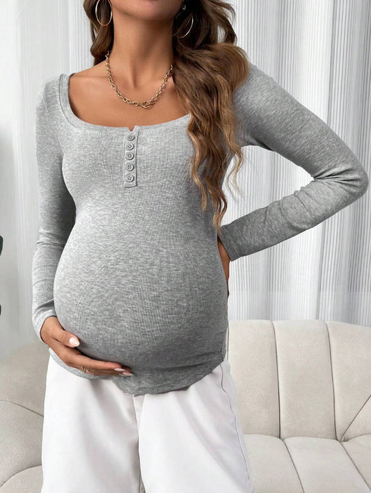 Maternity Grey Long Sleeve Slim Fit Henley T-Shirt with High Stretch Square Neck and Half Button Placket Detail
