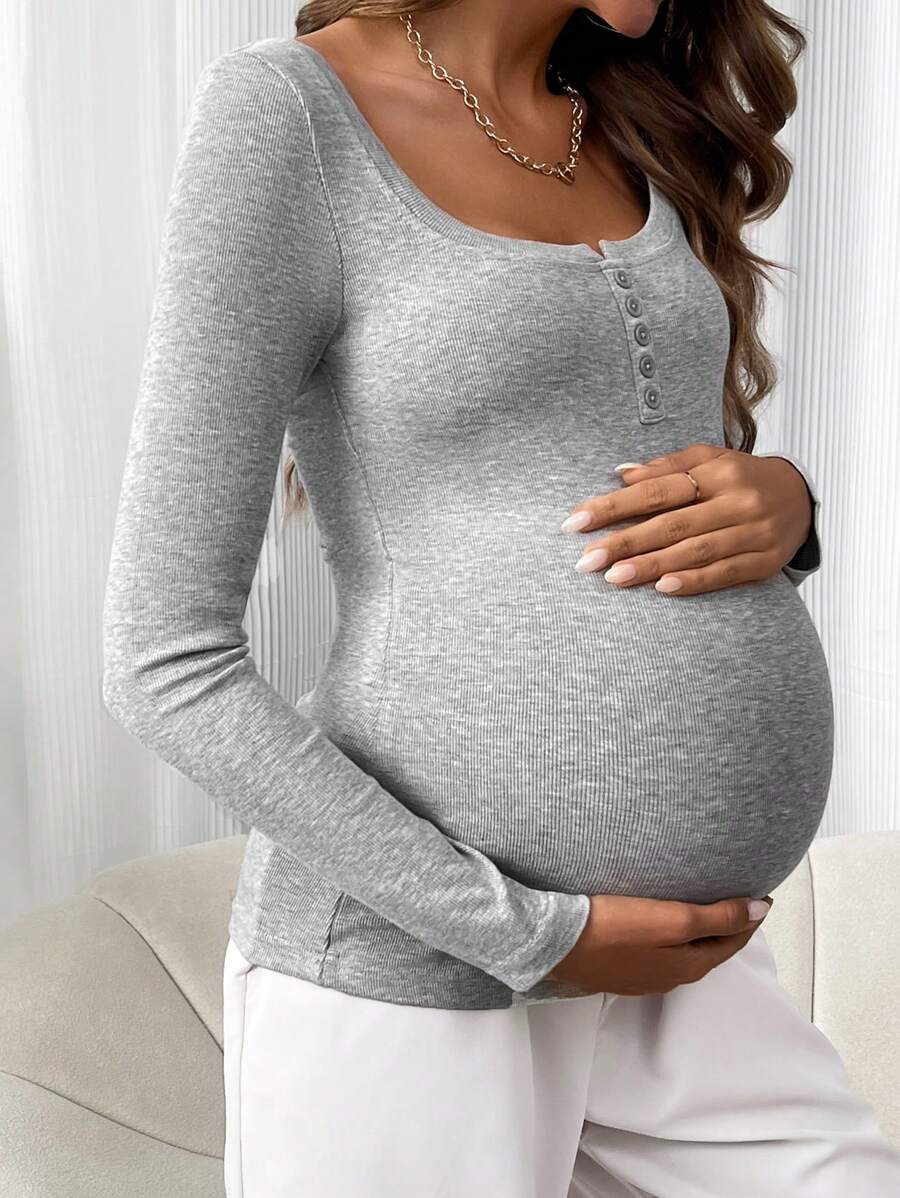 Maternity Grey Long Sleeve Slim Fit Henley T-Shirt with High Stretch Square Neck and Half Button Placket Detail