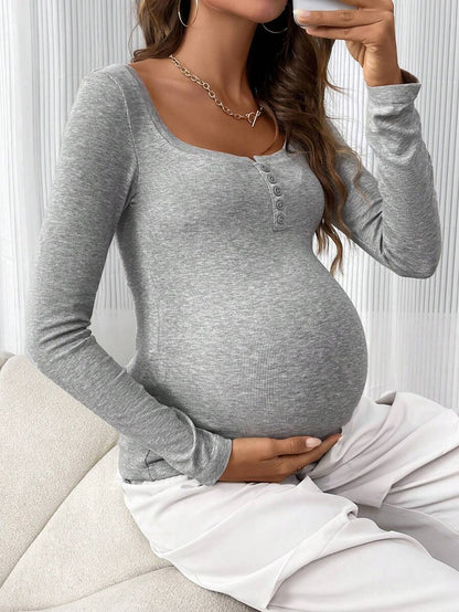 Maternity T-Shirt - Solid Color Button Half Placket Long Sleeve Casual Soft, Everyday Pregnancy