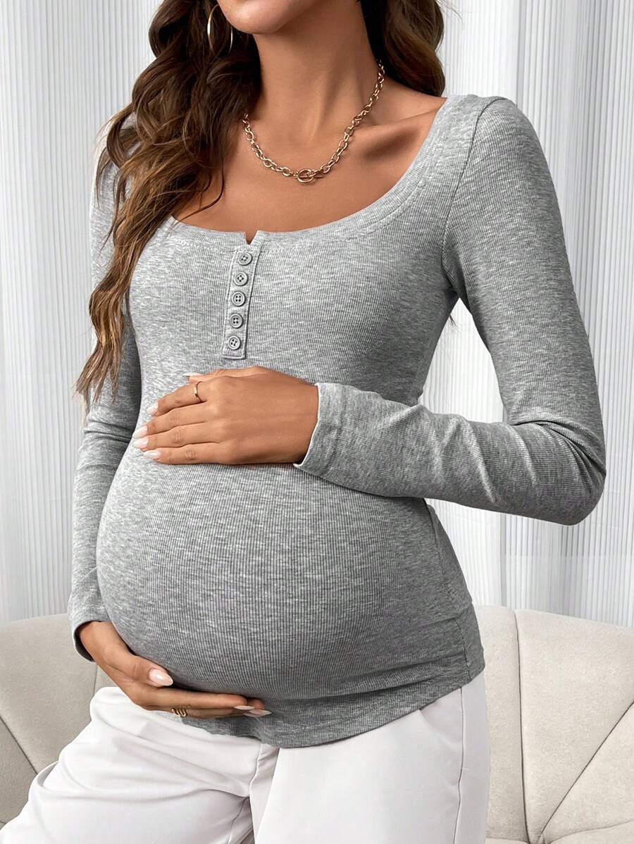 Maternity T-Shirt - Solid Color Button Half Placket Long Sleeve Casual Soft, Everyday Pregnancy
