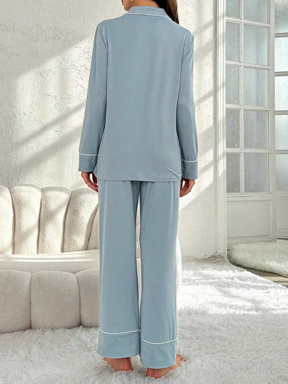Maternity Blue Contrast Piping Pajama Set - Long Sleeve Lapel Shirt and Pants 2 Piece PJ Set - Elegant Maternity Sleepwear for Daily Wear
