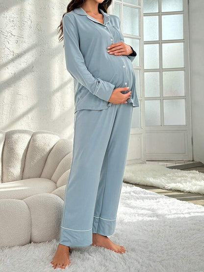 Maternity Blue Contrast Piping Pajama Set - Long Sleeve Lapel Shirt and Pants 2 Piece PJ Set - Elegant Maternity Sleepwear for Daily Wear