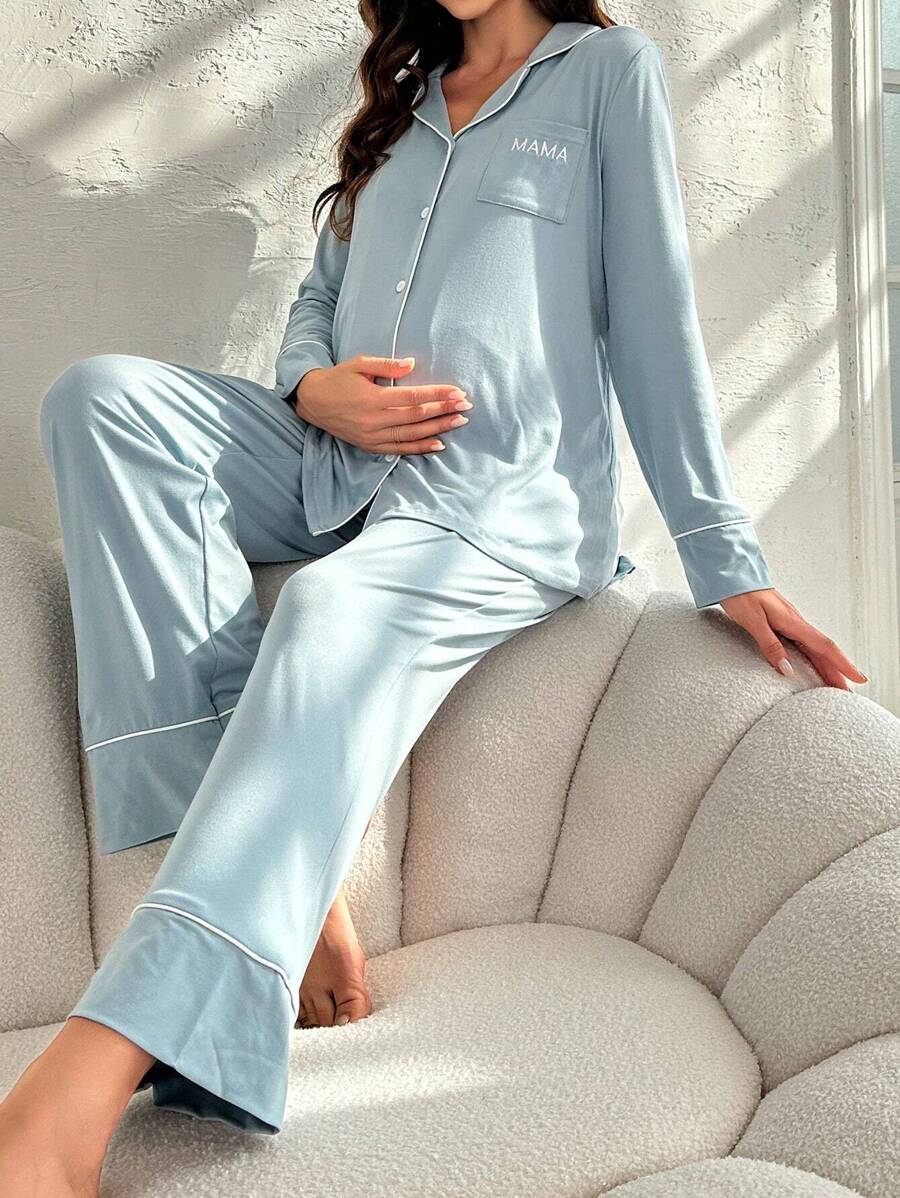 Maternity Blue Contrast Piping Pajama Set - Long Sleeve Lapel Shirt and Pants 2 Piece PJ Set - Elegant Maternity Sleepwear for Daily Wear