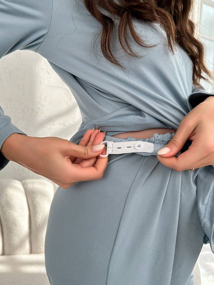 Maternity Blue Contrast Piping Pajama Set - Long Sleeve Lapel Shirt and Pants 2 Piece PJ Set - Elegant Maternity Sleepwear for Daily Wear