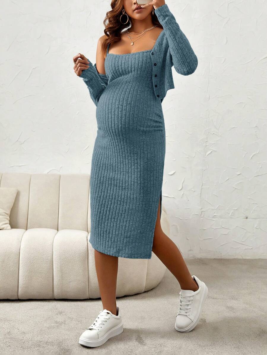 Maternity Pink Ribbed Knit 2-Piece Set with V-Neck Bodycon Knee Length Skirt and Button Front Long Sleeve Crop Cardigan