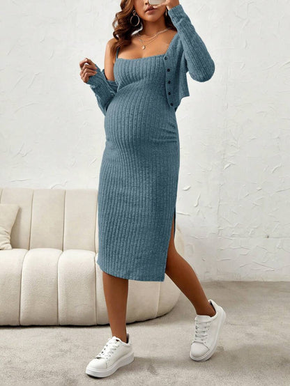 Maternity Pink Ribbed Knit 2-Piece Set with V-Neck Bodycon Knee Length Skirt and Button Front Long Sleeve Crop Cardigan