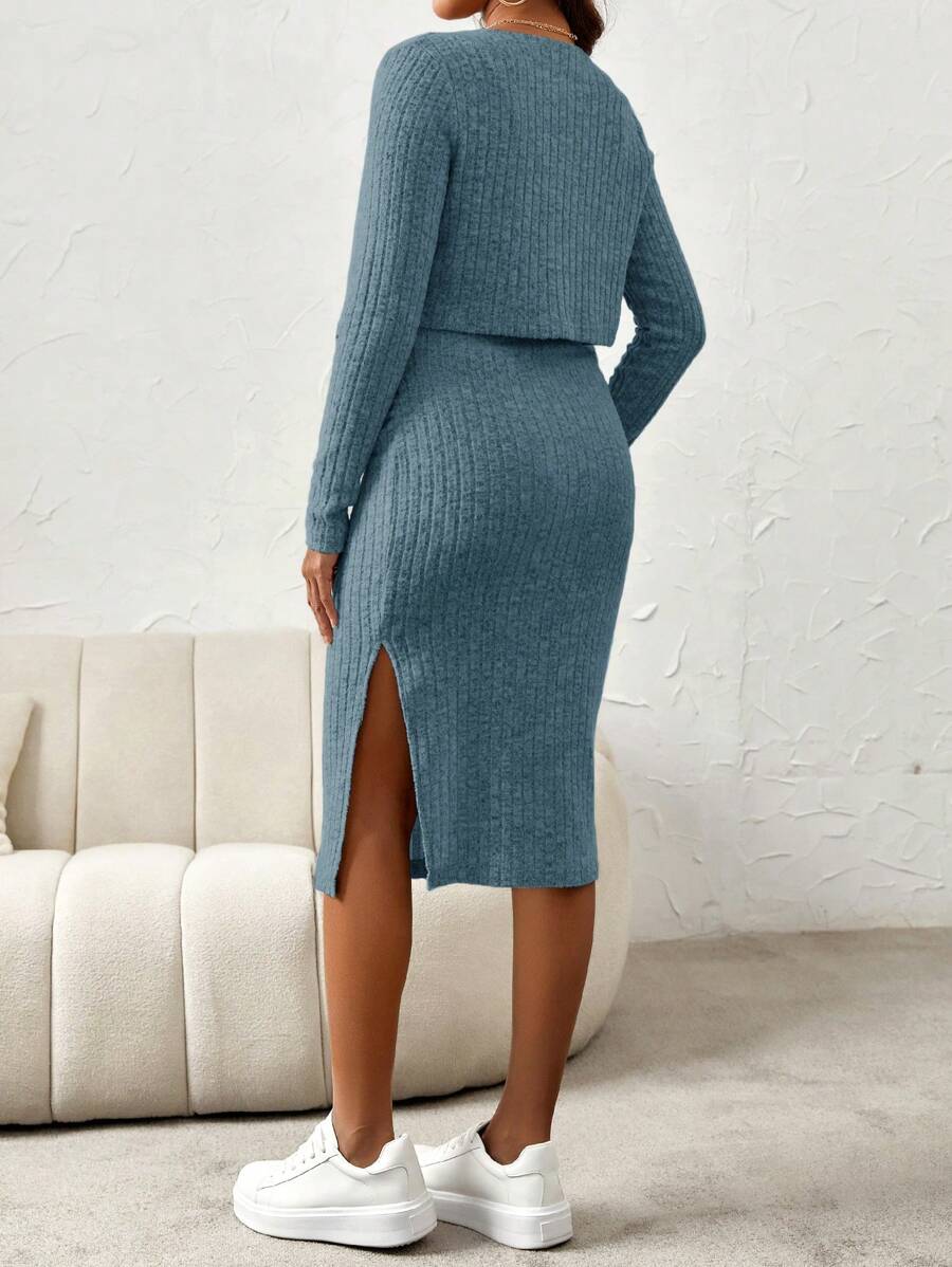 Maternity Pink Ribbed Knit 2-Piece Set with V-Neck Bodycon Knee Length Skirt and Button Front Long Sleeve Crop Cardigan