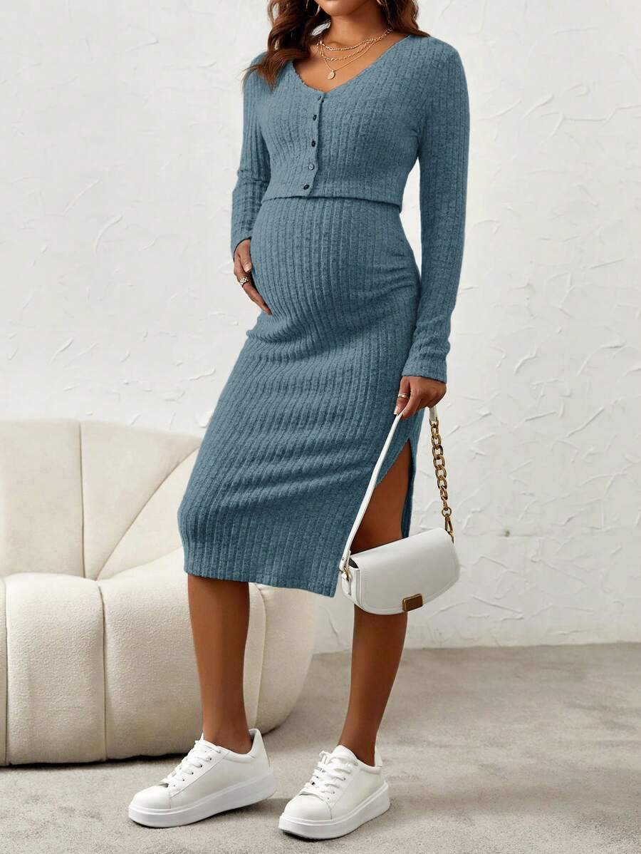 Maternity Pink Ribbed Knit 2-Piece Set with V-Neck Bodycon Knee Length Skirt and Button Front Long Sleeve Crop Cardigan