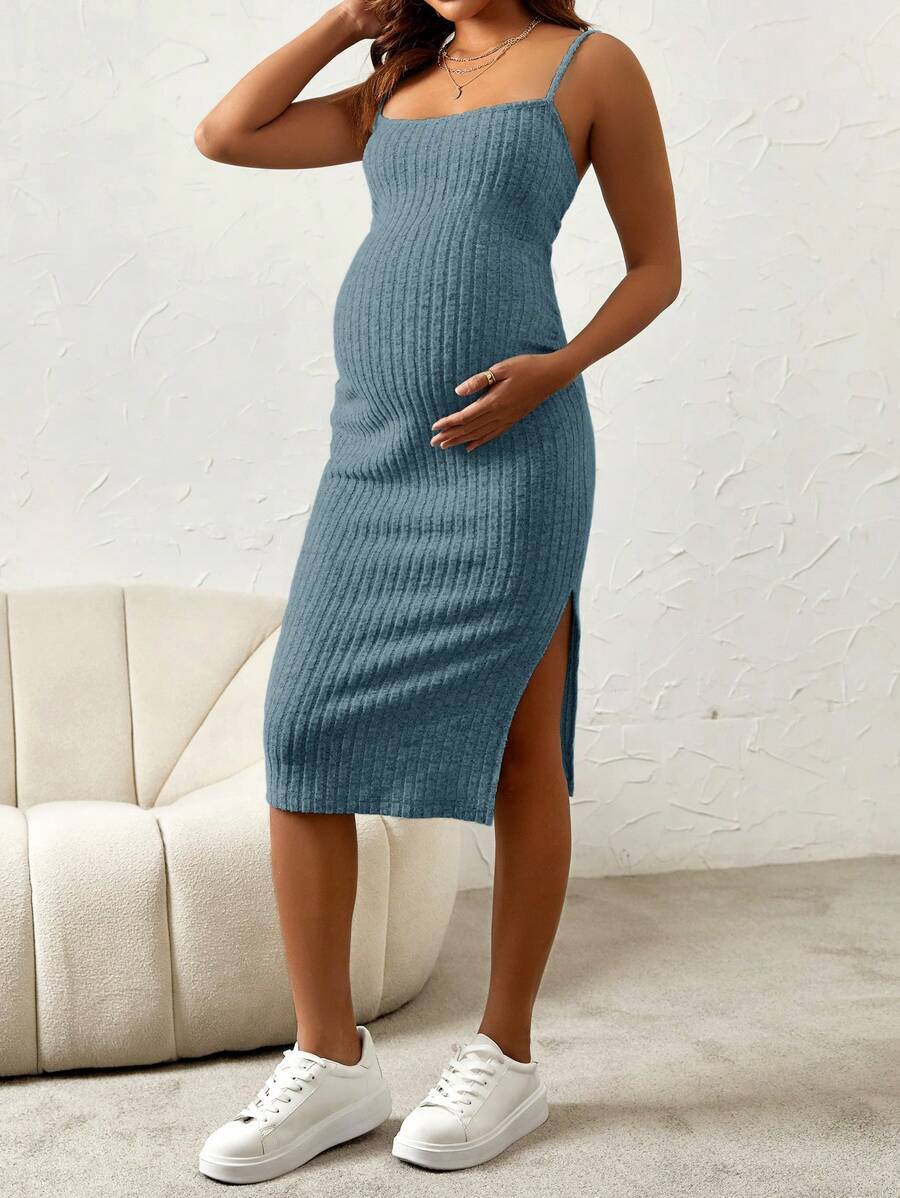 Maternity Pink Ribbed Knit 2-Piece Set with V-Neck Bodycon Knee Length Skirt and Button Front Long Sleeve Crop Cardigan