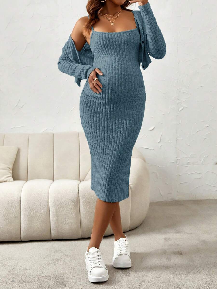 Maternity Pink Ribbed Knit 2-Piece Set with V-Neck Bodycon Knee Length Skirt and Button Front Long Sleeve Crop Cardigan