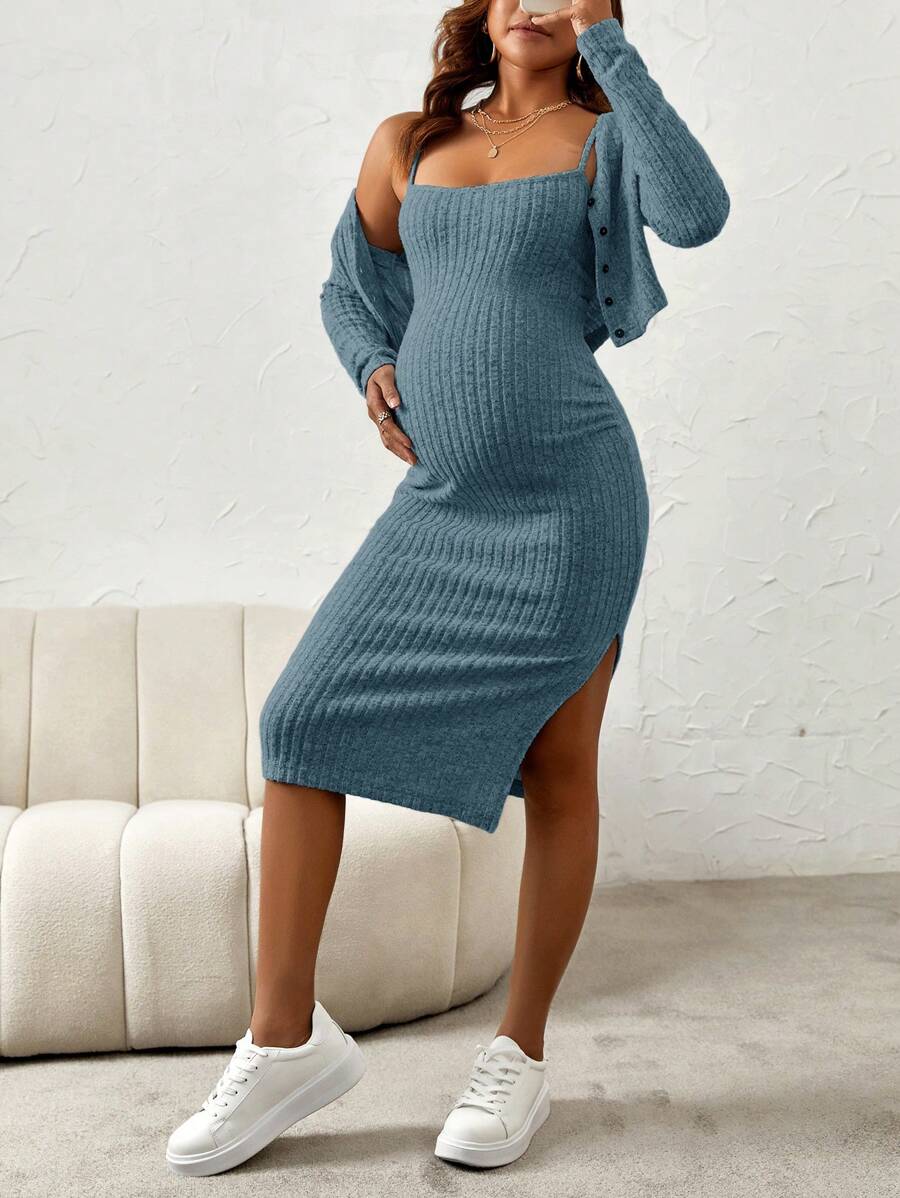 Maternity Pink Ribbed Knit 2-Piece Set with V-Neck Bodycon Knee Length Skirt and Button Front Long Sleeve Crop Cardigan