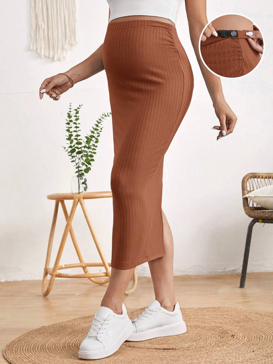 High Waist Ribbed Knit Pencil Skirt with Back Split Plain Casual Skinny Long Skirt for Daily Wear and Minimalist Style