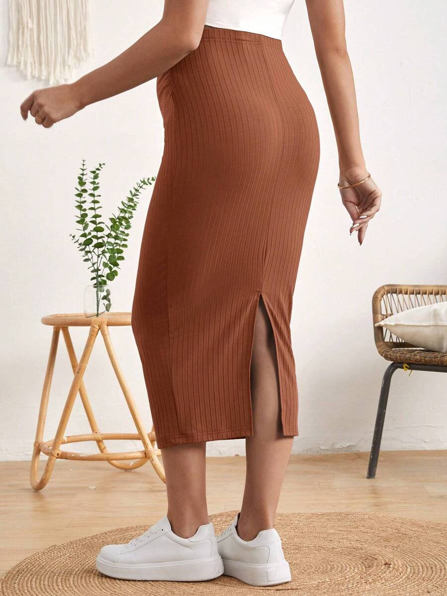 High Waist Ribbed Knit Pencil Skirt with Back Split Plain Casual Skinny Long Skirt for Daily Wear and Minimalist Style
