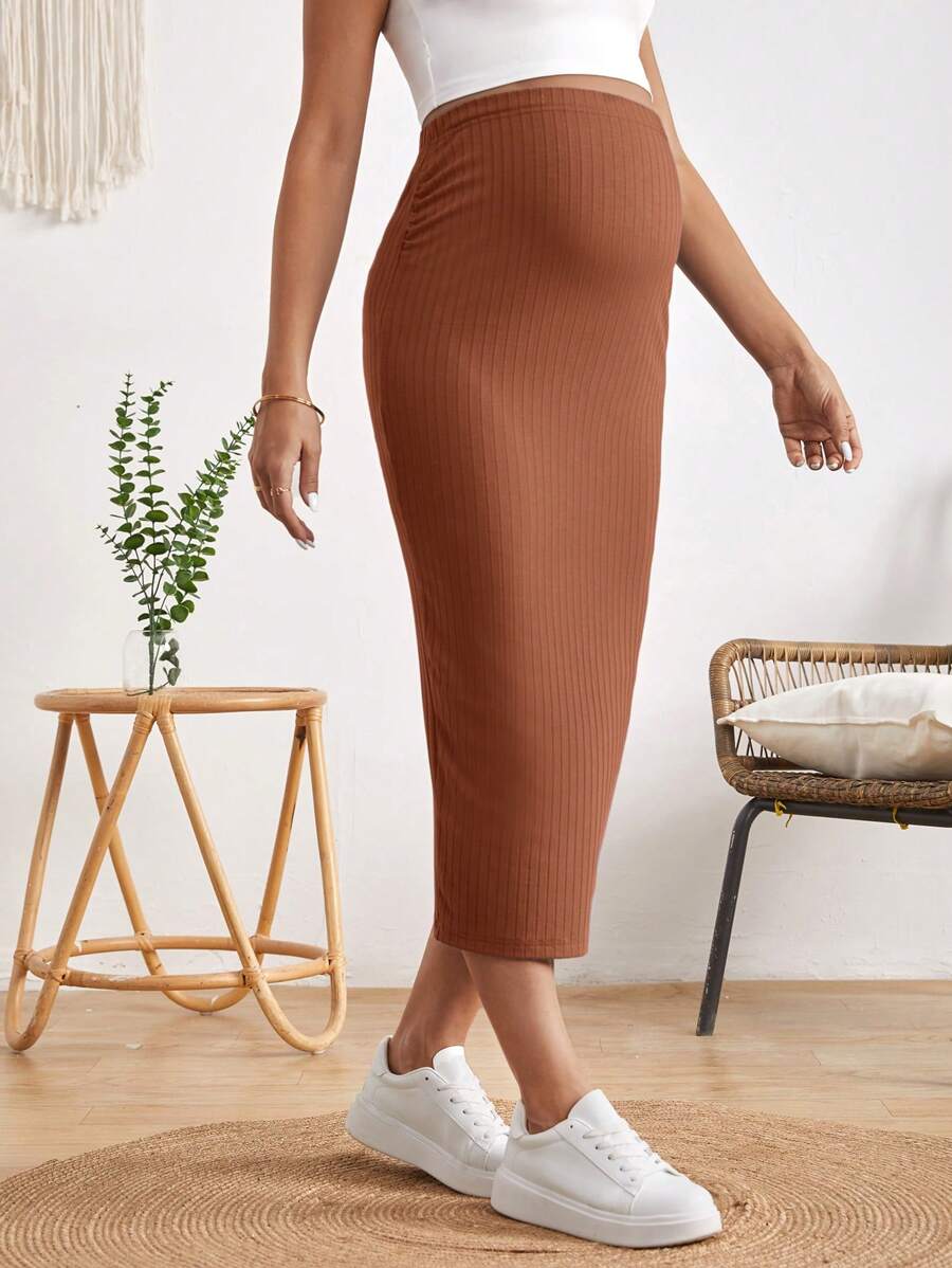 High Waist Ribbed Knit Pencil Skirt with Back Split Plain Casual Skinny Long Skirt for Daily Wear and Minimalist Style
