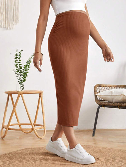 High Waist Ribbed Knit Pencil Skirt with Back Split Plain Casual Skinny Long Skirt for Daily Wear and Minimalist Style