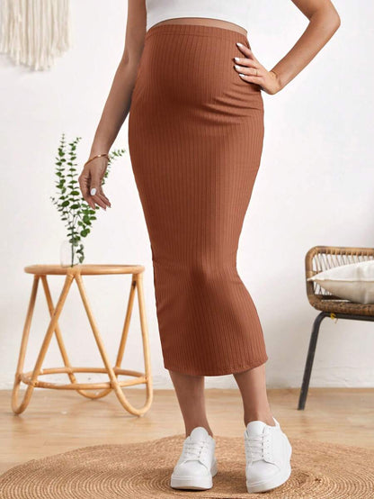 High Waist Ribbed Knit Pencil Skirt with Back Split Plain Casual Skinny Long Skirt for Daily Wear and Minimalist Style