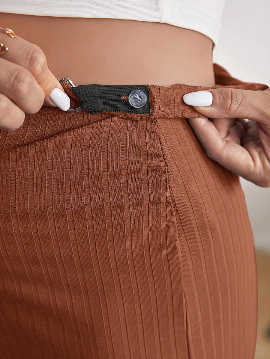 High Waist Ribbed Knit Pencil Skirt with Back Split Plain Casual Skinny Long Skirt for Daily Wear and Minimalist Style