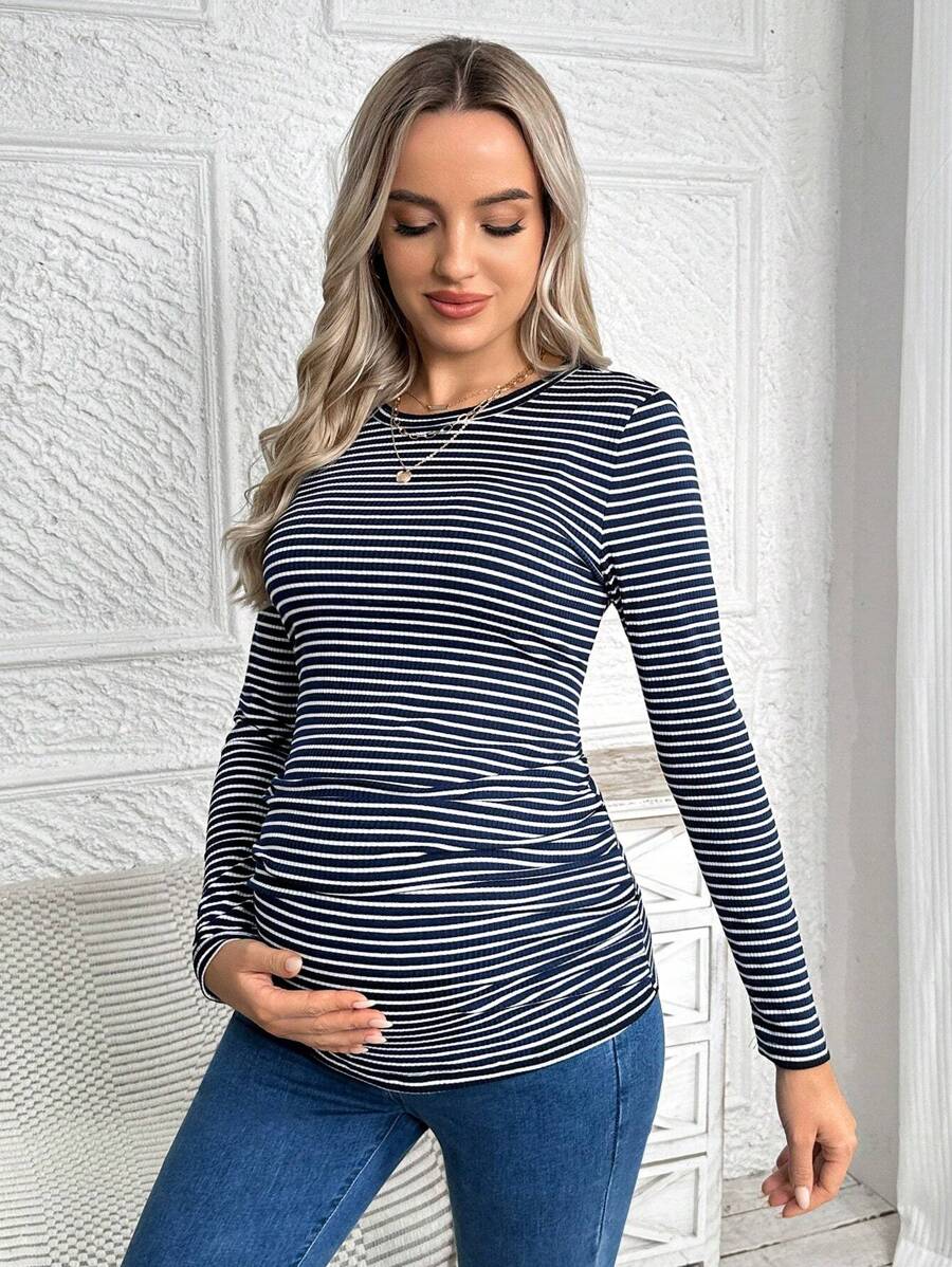 Maternity Striped Long Sleeve Slim Fit T-Shirt - Autumn Round Neck Rib-Knit Casual Top for Daily Wear