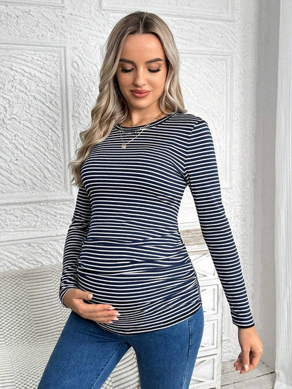 Maternity Striped Long Sleeve Slim Fit T-Shirt - Autumn Round Neck Rib-Knit Casual Top for Daily Wear