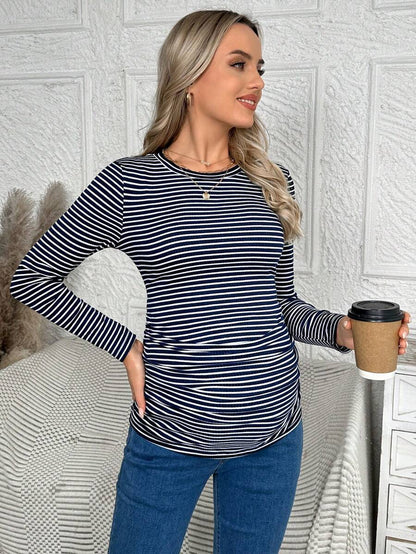 Maternity Striped Long Sleeve Slim Fit T-Shirt - Autumn Round Neck Rib-Knit Casual Top for Daily Wear