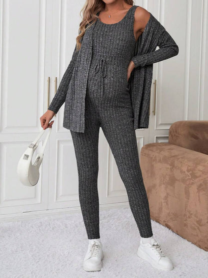 Maternity Solid Color Ribbed Belted Jumpsuit and Cardigan - 2-Piece Long Sleeve Set