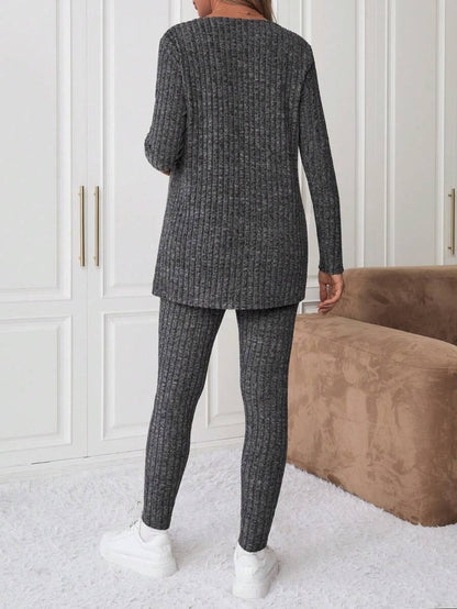 Maternity Solid Color Ribbed Belted Jumpsuit and Cardigan - 2-Piece Long Sleeve Set