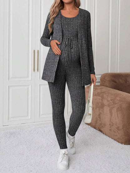 Maternity Solid Color Ribbed Belted Jumpsuit and Cardigan - 2-Piece Long Sleeve Set