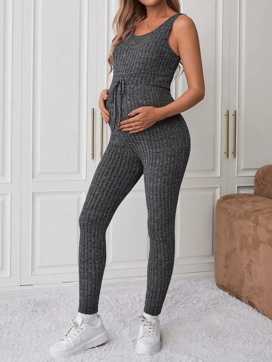 Maternity Solid Color Ribbed Belted Jumpsuit and Cardigan - 2-Piece Long Sleeve Set