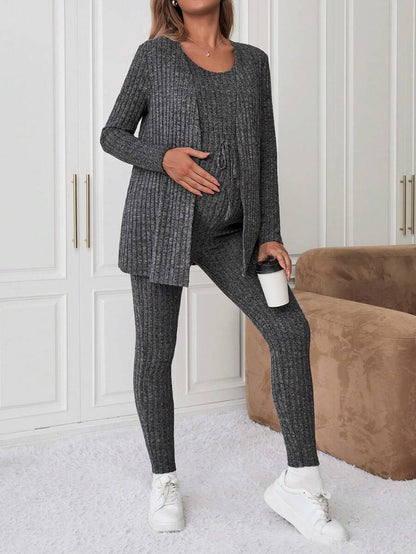 Maternity Solid Color Ribbed Belted Jumpsuit and Cardigan - 2-Piece Long Sleeve Set