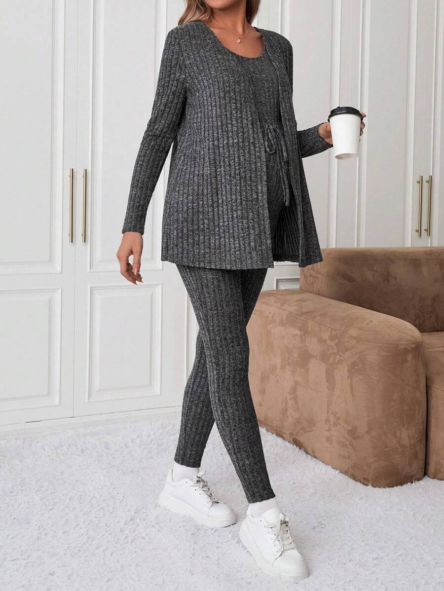 Maternity Solid Color Ribbed Belted Jumpsuit and Cardigan - 2-Piece Long Sleeve Set