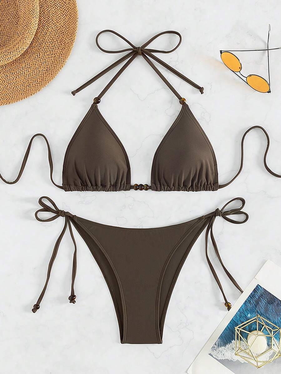 Swim Vcay Summer Beach Halter Triangle Bra & Tie Side Swim Bottom Bikini Set Bathing Suit