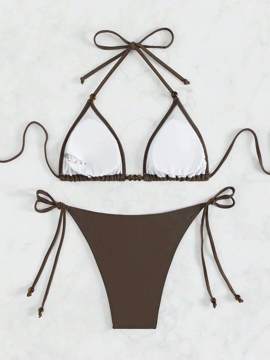 Swim Vcay Summer Beach Halter Triangle Bra & Tie Side Swim Bottom Bikini Set Bathing Suit