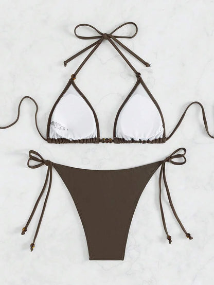 Swim Vcay Summer Beach Halter Triangle Bra & Tie Side Swim Bottom Bikini Set Bathing Suit