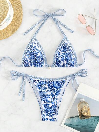 Women's 2-Piece Boho Halter Bikini Set - Tie Side, Floral Print, Blue and White