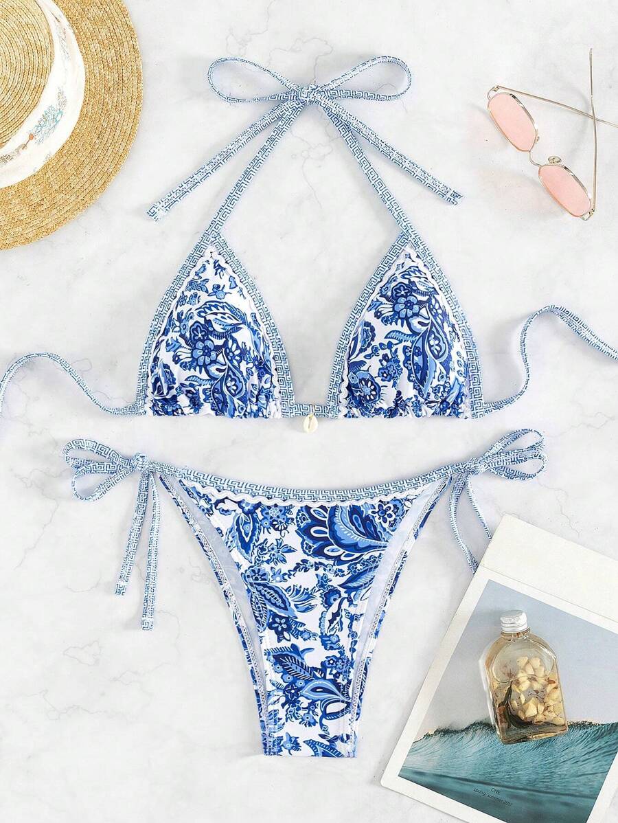 Women's 2-Piece Boho Halter Bikini Set - Tie Side, Floral Print, Blue and White