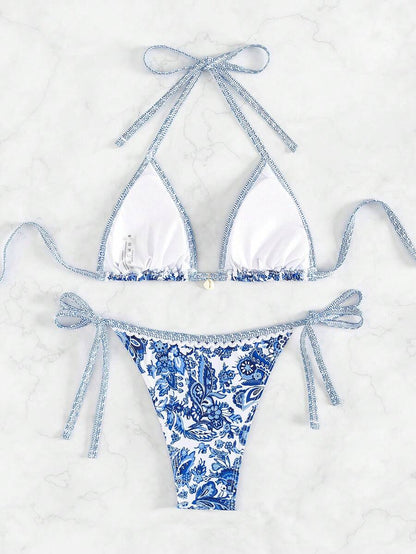 Women's 2-Piece Boho Halter Bikini Set - Tie Side, Floral Print, Blue and White