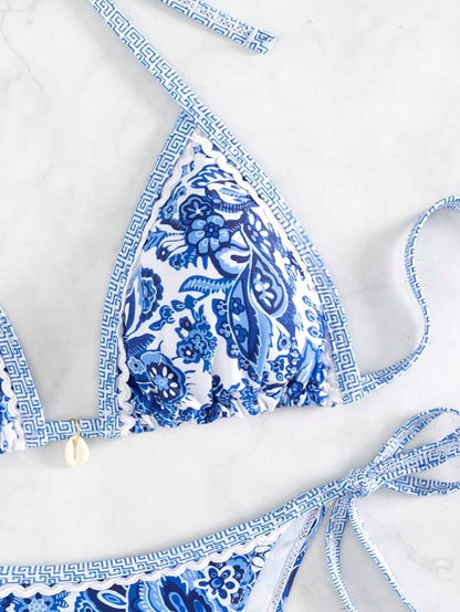 Women's 2-Piece Boho Halter Bikini Set - Tie Side, Floral Print, Blue and White