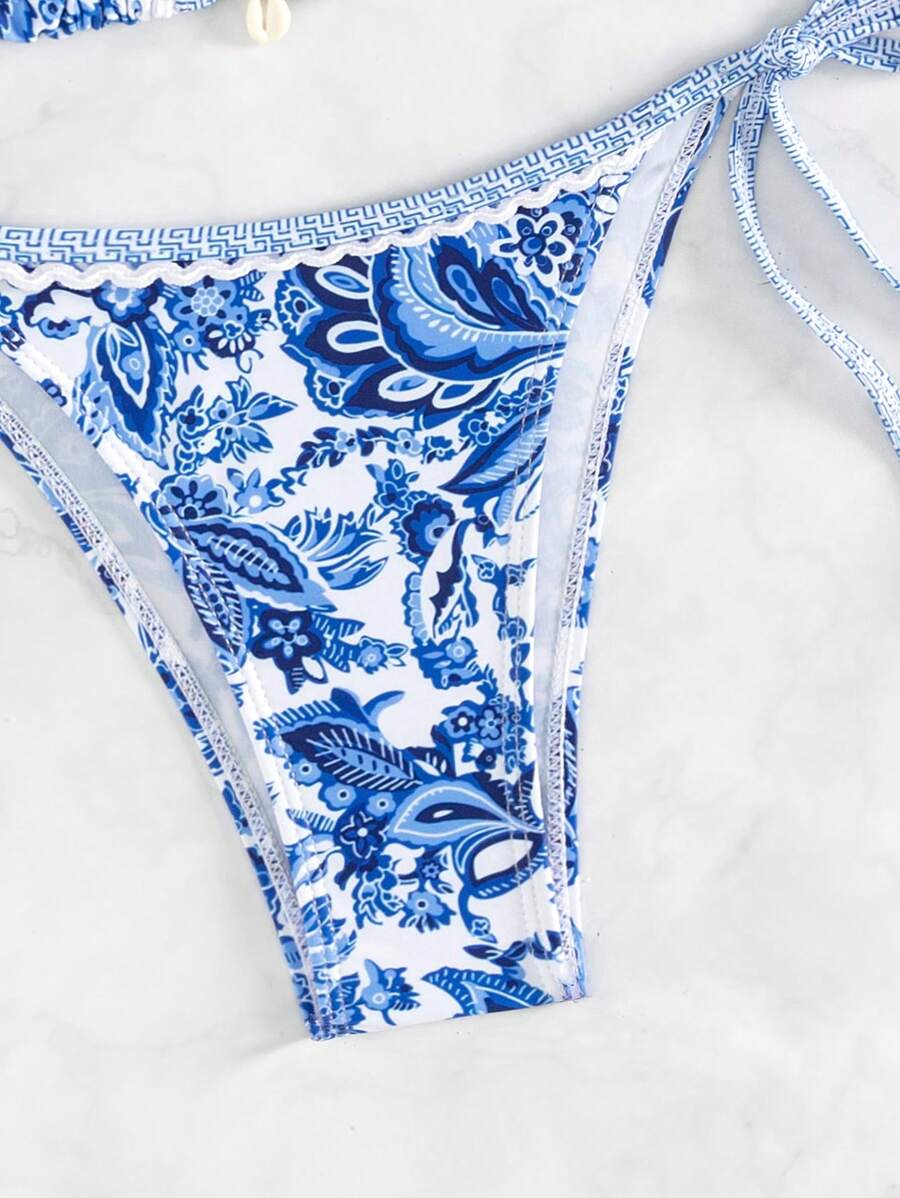 Women's 2-Piece Boho Halter Bikini Set - Tie Side, Floral Print, Blue and White