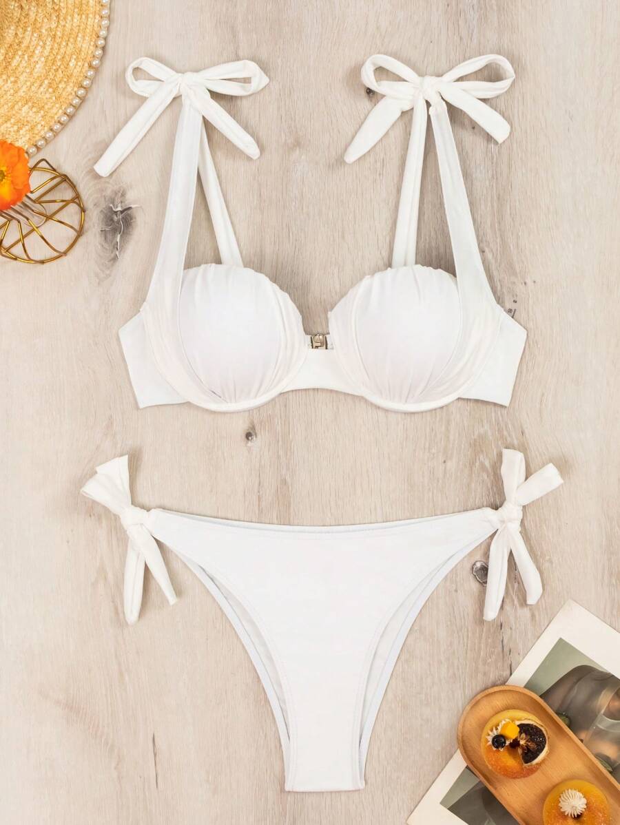 Swim Vcay Summer Beach Women's Solid Color Pleated Bikini Set