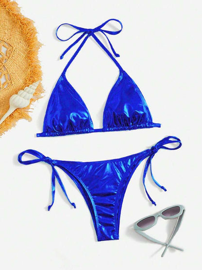 Swim Vcay Summer Beach Metallic Halter Triangle Tie Side Bikini Set
